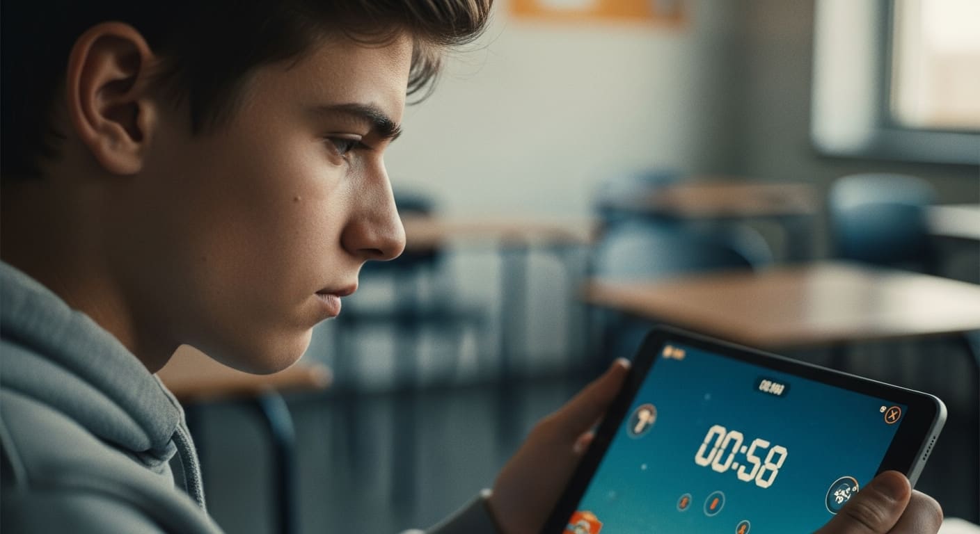 Student pausing thoughtfully before answering a question on Gimkit instead of rushing.