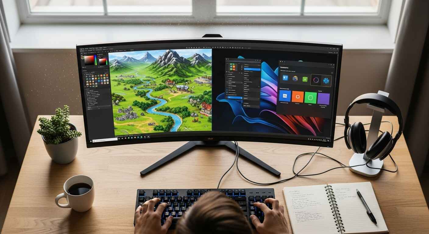 Student comparing Gimkit custom map editor and theme settings on a dual-monitor setup.