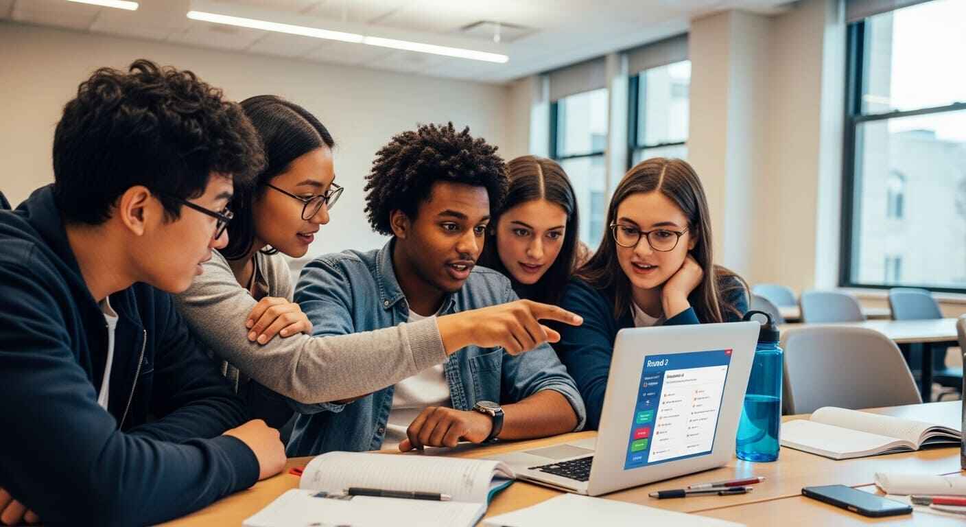 Students collaborating and discussing strategies during a Gimkit team round.