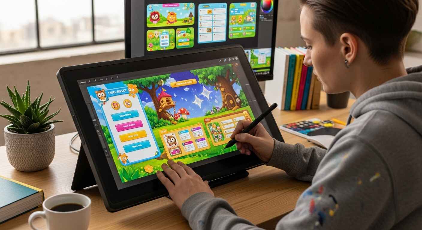Designer creating vibrant custom game graphics and themes on a digital tablet.