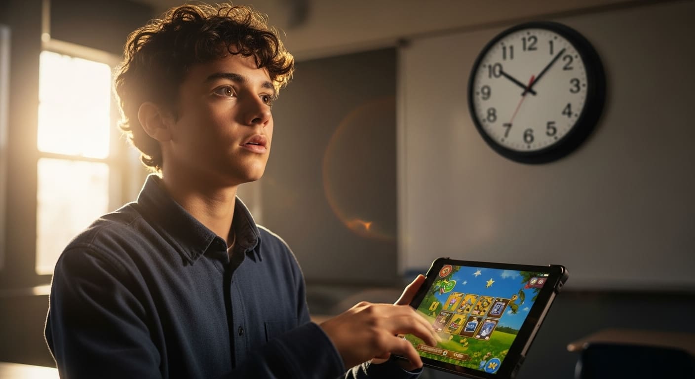 Student checking classroom timer while answering Gimkit questions to improve pacing.