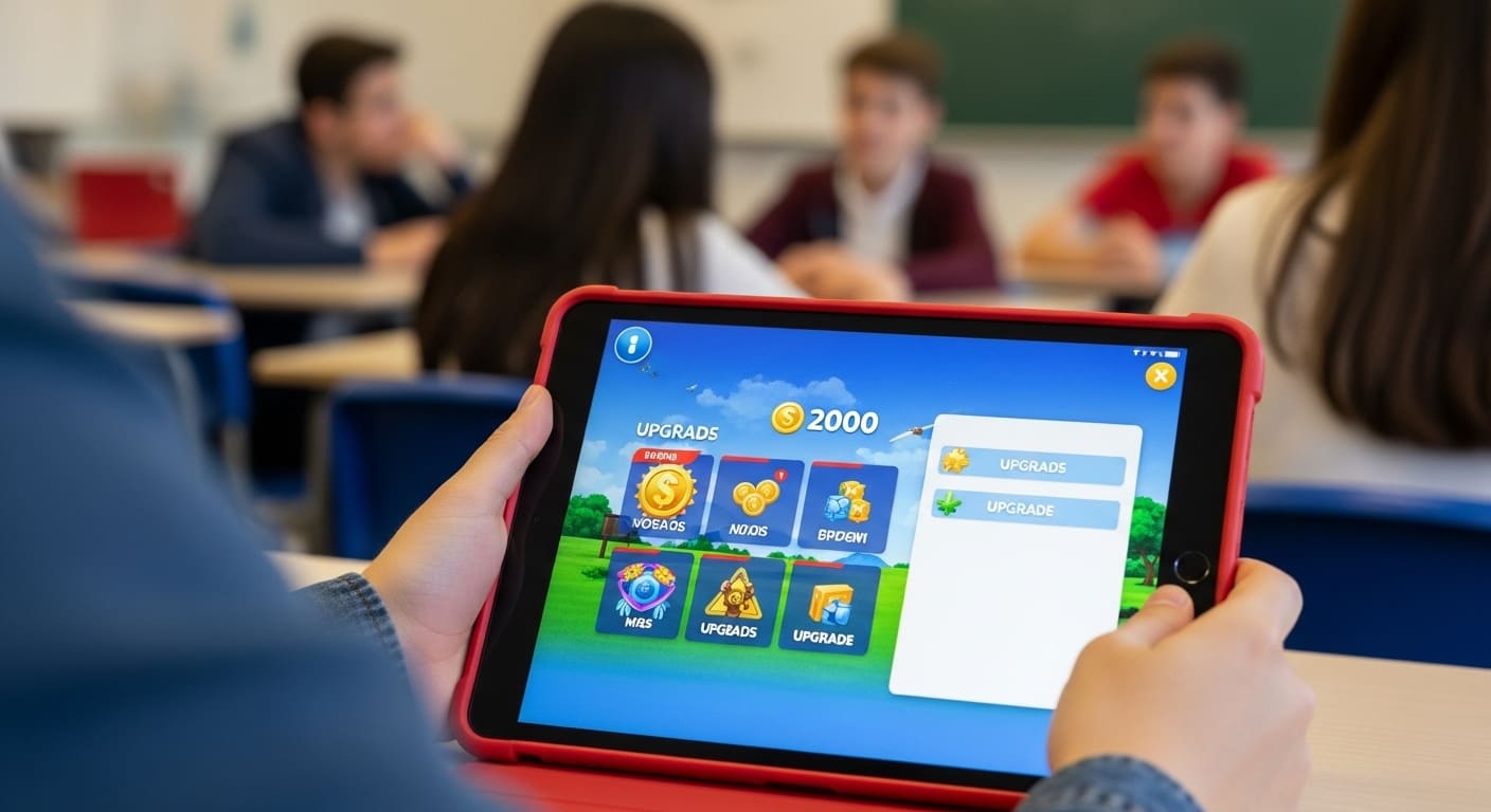 Students reviewing coin balances and power-up strategies in Gimkit for better game performance.