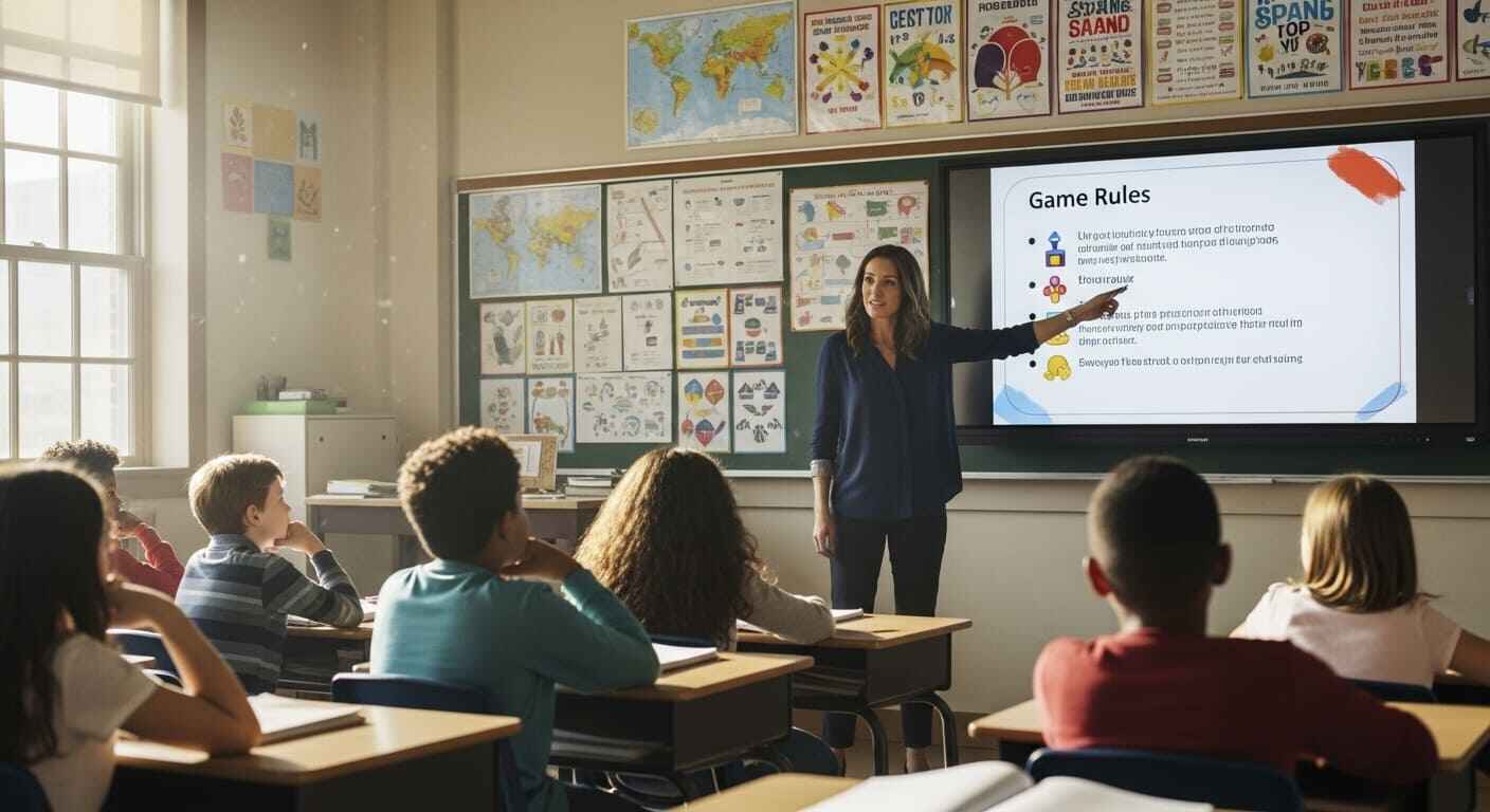 Teacher explaining Gimkit rules to students using a projector before the game begins