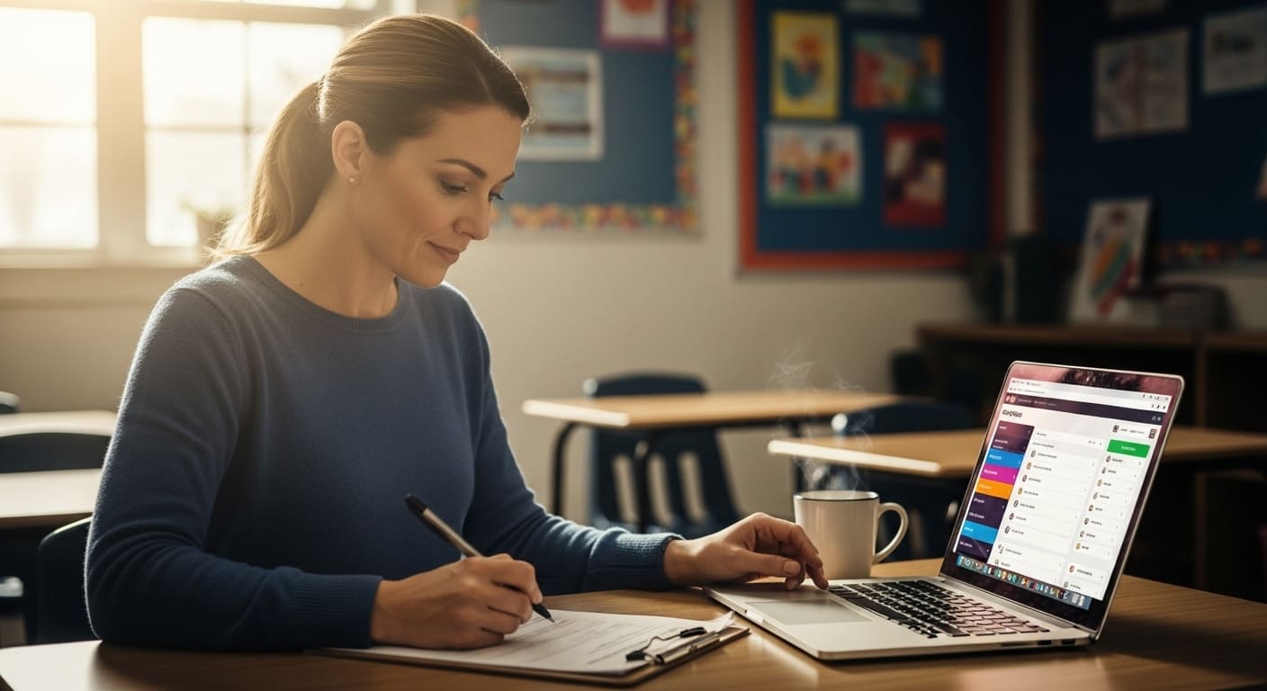 eacher preparing checklist and laptop before starting a Gimkit game in class.