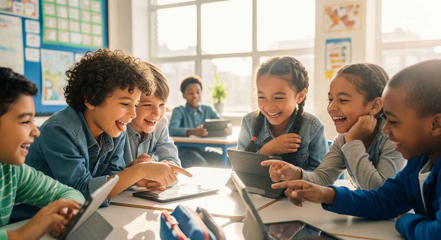 Students smiling while applying smart strategies during a Gimkit classroom session.