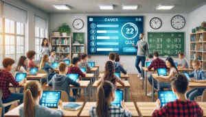 A modern classroom with students actively participating in a quiz game on digital tablets. The screen shows a leaderboard displaying real-time feedback and assessments. Some students are excited, while others analyze their results. The teacher observes, ready to provide support to students in need