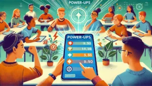 A vibrant classroom where students interact with a gamified quiz on tablets, showing power-ups and leaderboards with points being added or subtracted. The students are excited and engaged, demonstrating the competitive and dynamic nature of the game