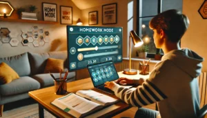 A student engaging with an interactive quiz in Gimkit's homework mode, sitting in a cozy home study environment. The laptop screen shows educational elements like points and power-ups, creating a productive and inviting atmosphere