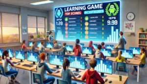 A dynamic classroom scene where students are actively participating in a competitive learning game, with a leaderboard displaying top scores and challenges. The classroom is modern and bright, with students showing excitement and determination