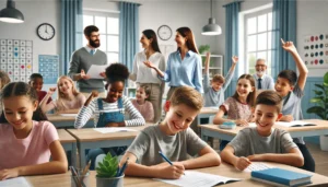 A high-quality, realistic classroom scene where students engage in a supportive, non-judgmental learning activity, trying out different answers and strategies with smiles, fostering increased confidence