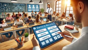 A modern classroom scene where a teacher is creating an interactive quiz on a tablet, surrounded by engaged students. The teacher is using a smartboard to display quiz questions, aligning them with the curriculum, while students actively participate in the learning process using their own devices