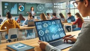 A modern classroom where a teacher is reviewing detailed performance data on a laptop or tablet, with performance statistics and charts showing student strengths and weaknesses. Students work in the background on devices, reflecting a blend of technology and education for data-driven instruction