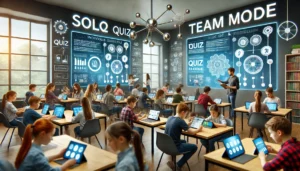 A modern classroom with students actively participating in solo quizzes on digital devices while others collaborate in team mode. The teacher observes and guides the students, with digital screens displaying quiz questions, highlighting a mix of individual and group activities