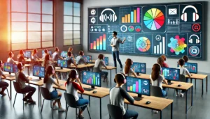 A modern classroom where students are actively engaging with digital screens displaying colorful visual aids, while others listen to audio cues through headphones, enhancing their learning experience with multimedia elements