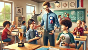 A teacher rewarding students in a modern classroom with trophies and certificates for their excellent performance in a learning game. The students, excited and smiling, are holding their prizes, while others continue working on their tasks in the background