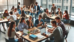 A modern classroom with students working together in a collaborative mode, focusing on teamwork rather than competition. Students are engaged in group discussions, helping each other with learning tasks, with an emphasis on cooperation and shared goals