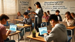 A classroom with students using both digital devices and traditional materials, with a teacher providing guidance to ensure equitable learning for all students, including those without access to technology