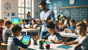 A modern classroom where students are engaged in a fun learning activity using digital devices. The teacher is overseeing the session, ensuring that the games align with the educational goals. The classroom is lively, with students actively participating in a balanced learning environment where fun and learning objectives are equally emphasized