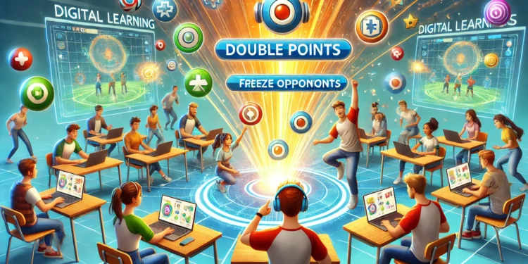 Students engaging in a competitive Gimkit game, utilizing Power-Ups such as 'Double Points' and 'Freeze Opponents' in a virtual classroom