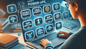 A digital display showing various Gimkit Power-Ups, including Double Points, Freeze Opponents, and Skip Question, in a student’s game session. These icons represent the strategic advantages in boosting scores during gameplay