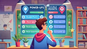 A student using a digital interface to purchase Power-Ups like Double Points and Freeze Opponents in a Gimkit game. The screen shows in-game money being spent, reflecting strategic decision-making during gameplay