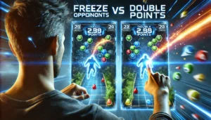 A dynamic scene in Gimkit showing the use of the 'Freeze Opponents' and 'Double Points' Power-Ups, where the player's score is increasing while their opponent's score is frozen. This showcases strategic gameplay and how Power-Ups can be used to take the lead in a competitive setting