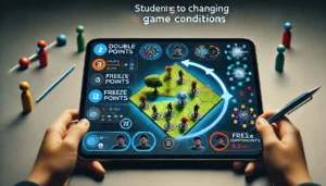 A student adapting to the changing conditions in a Gimkit game by using flexible Power-Ups like 'Double Points' and 'Freeze Opponents'. The game interface shows strategic choices based on evolving game dynamics, highlighting the importance of adaptability for success