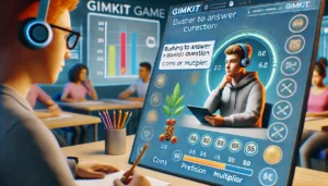 A Gimkit game interface showing a student rushing to answer incorrectly, losing coins, while another student takes time to answer carefully, highlighting the value of precision