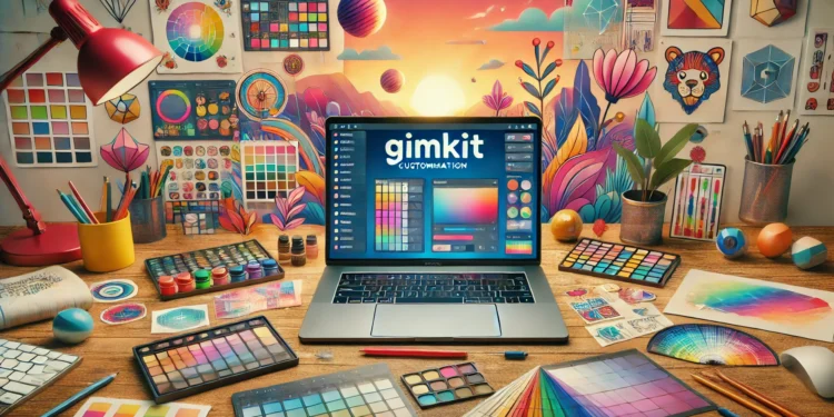 A creative workspace with a laptop showing Gimkit customization tools, featuring custom themes, colors, and backgrounds for educational game design