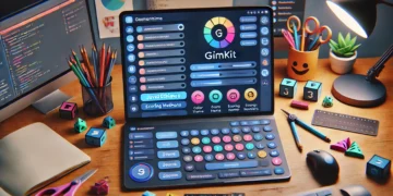 A digital workspace showcasing a Gimkit dashboard with JavaScript code snippets and customization tools for creating personalized educational games