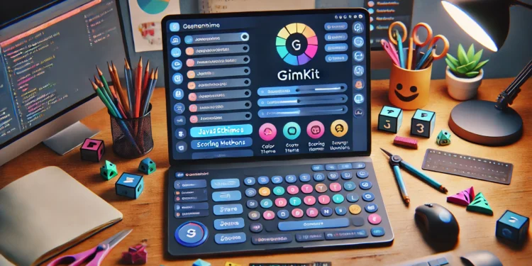 A digital workspace showcasing a Gimkit dashboard with JavaScript code snippets and customization tools for creating personalized educational games