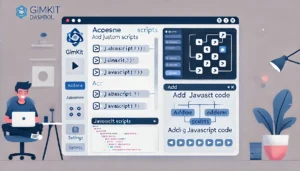 A Gimkit dashboard interface showing step-by-step instructions for accessing and applying custom scripts, with highlighted fields for JavaScript code