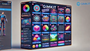 A Gimkit game interface featuring customizations like randomized questions, multimedia elements, and real-time data integration for enhanced learning