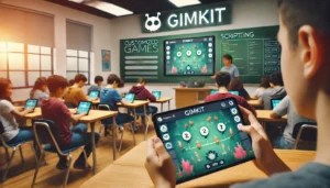 A classroom with students engaging in a customized Gimkit game, focusing on gameplay with scripting processes hidden in the background