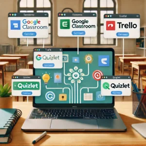 Examples of Gimkit integration with Google Classroom, Trello, and Quizlet displayed on a teacher's dashboard in a modern classroom setup, illustrating seamless lesson planning