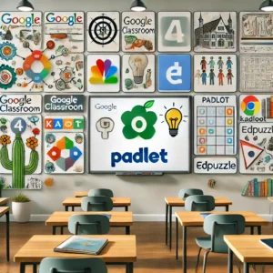 A collage of EdTech tools like Google Classroom, Kahoot, Padlet, and Edpuzzle displayed on a digital whiteboard in a modern classroom, emphasizing tools for teaching strategies and student engagement