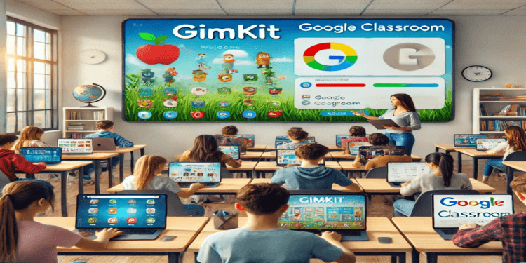Comparative overview of Gimkit and Google Classroom for student engagement, featuring a teacher guiding students in a tech-enabled classroom