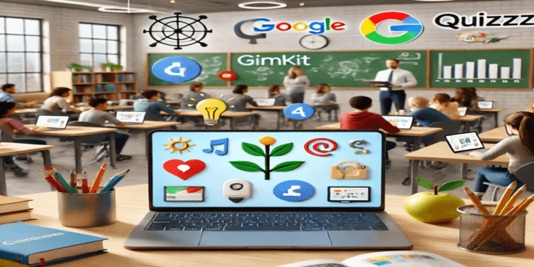 A classroom setup showing a laptop running Gimkit alongside other EdTech tools like Google Classroom and Quizizz, symbolizing interactive and collaborative learning