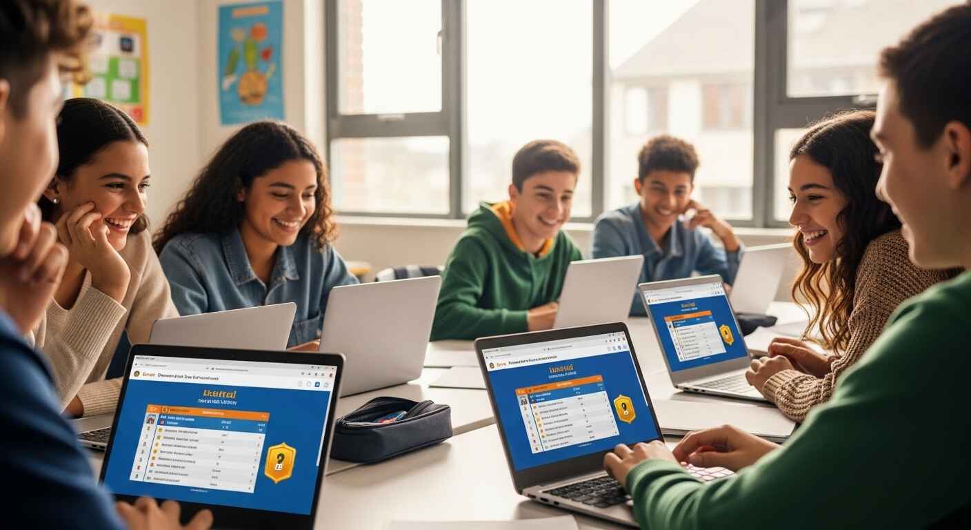 Students enthusiastically playing a gamified learning quiz on laptops, with leaderboards and rewards displayed on screens.