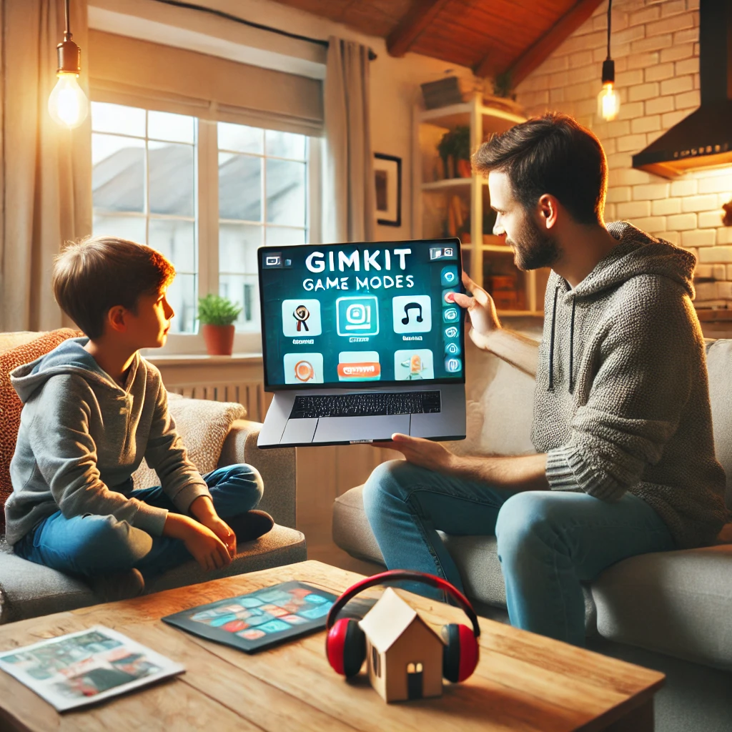 A cozy family living room with a laptop showing Gimkit features, a parent explaining game modes to a child in an engaging and interactive learning session