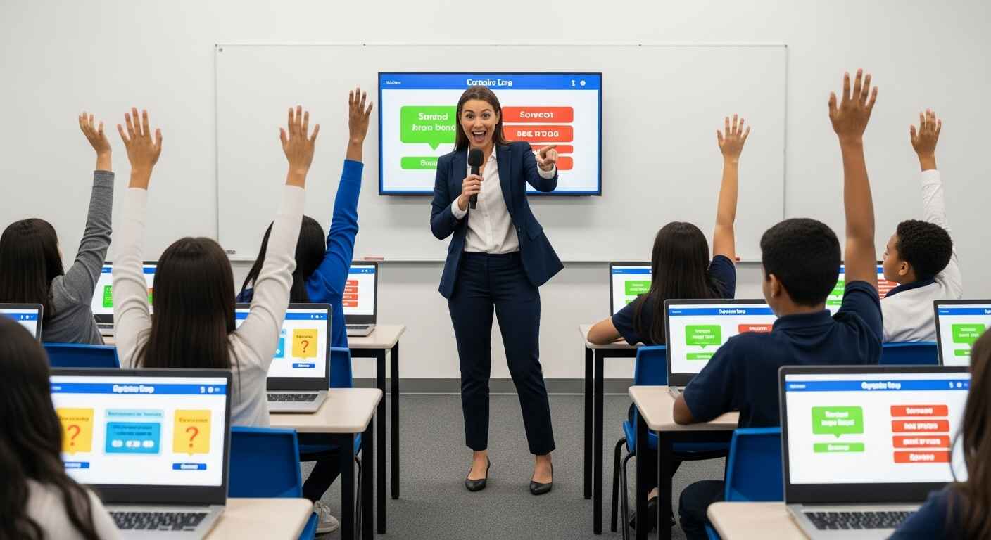 A teacher hosting a lively classroom quiz show, with students excitedly participating using laptops and game-style visuals.