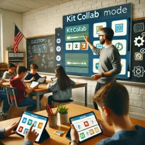 A teacher using Gimkit’s KitCollab mode to collaborate with students in creating game questions, with students on tablets and a smartboard displaying interactive game features