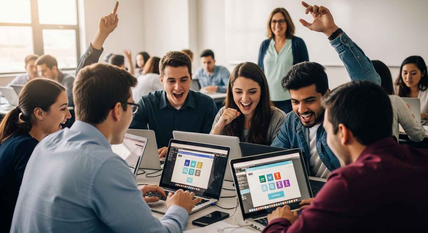 Students divided into teams, competing in a Gimkit classroom quiz, with teamwork and friendly competition on display.