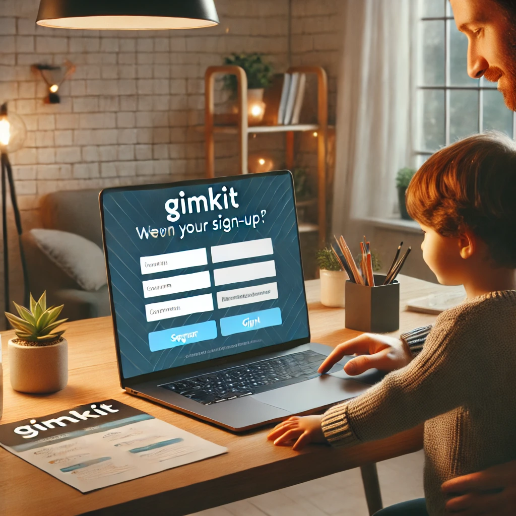 A sleek laptop on a modern desk displaying the Gimkit sign-up page, with a parent guiding their child through the process in a cozy home setting