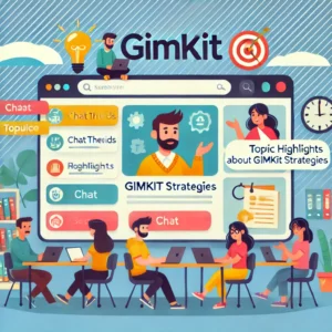 A vibrant online forum where teachers interact and share tips about Gimkit strategies, featuring chat threads, topic highlights, and resource links in a professional environment