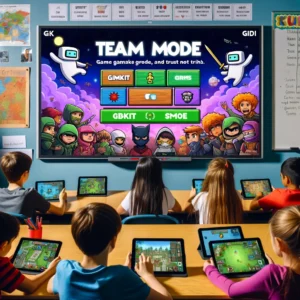 A smartboard displaying Gimkit game modes like Team Mode and Trust No One in a vibrant classroom, with students actively participating on their tablets