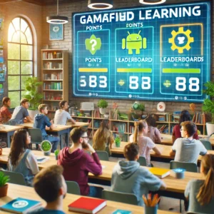 Students in a classroom engaged in gamified learning with points and leaderboards displayed on a large screen, creating a competitive and fun atmosphere