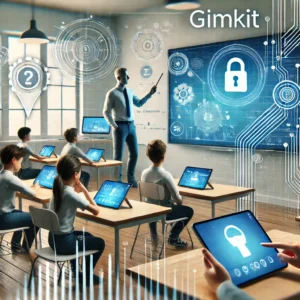 A modern classroom where students are answering questions on Gimkit using tablets, with a teacher monitoring progress on a laptop, showcasing the basics of using Gimkit in education