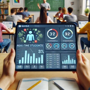 A teacher's dashboard on Gimkit showing real-time student performance and analytics, surrounded by interactive classroom tools in a modern environment