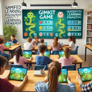 Students participating in a team-based Gimkit game on their devices, with a leaderboard displayed on a smartboard, creating a vibrant and engaging learning environment